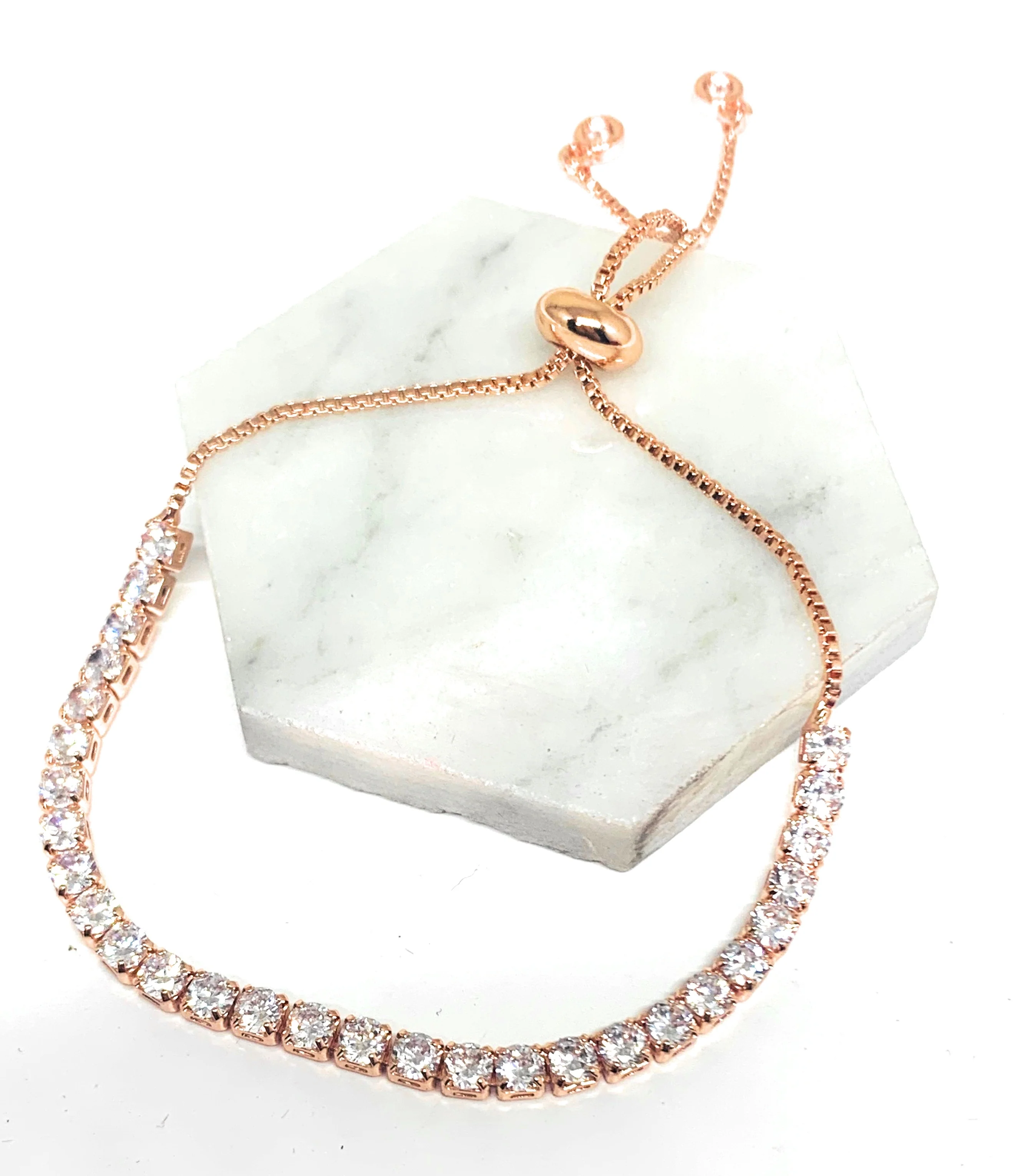Gold Plated Cubic Zirconia Baguette Adjustable Tennis Bracelet 8” Box Chain - Image 3