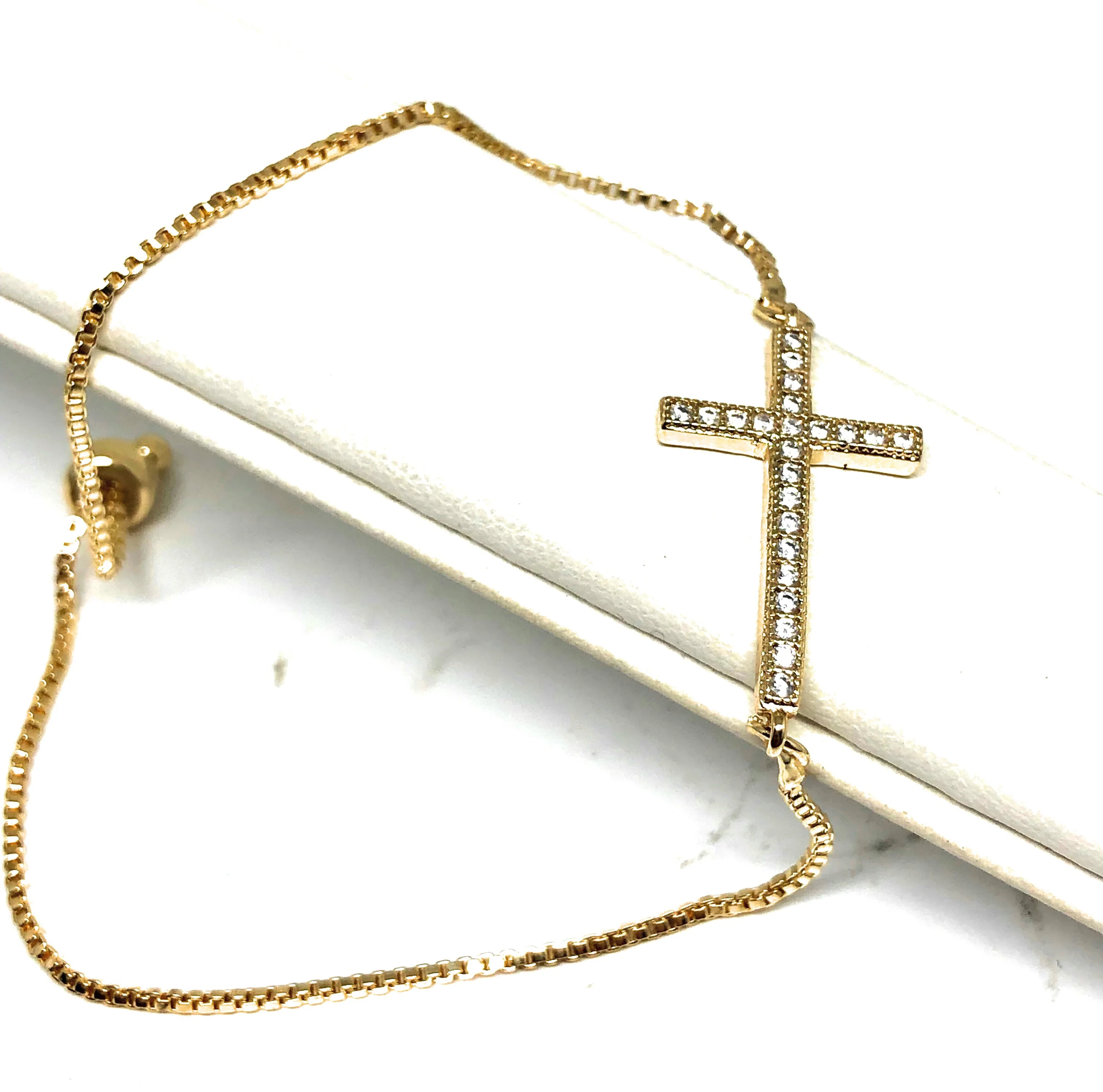 Women’s Gold Plated CZ Cross Adjustable Bracelet 8” Box Chain - Image 3
