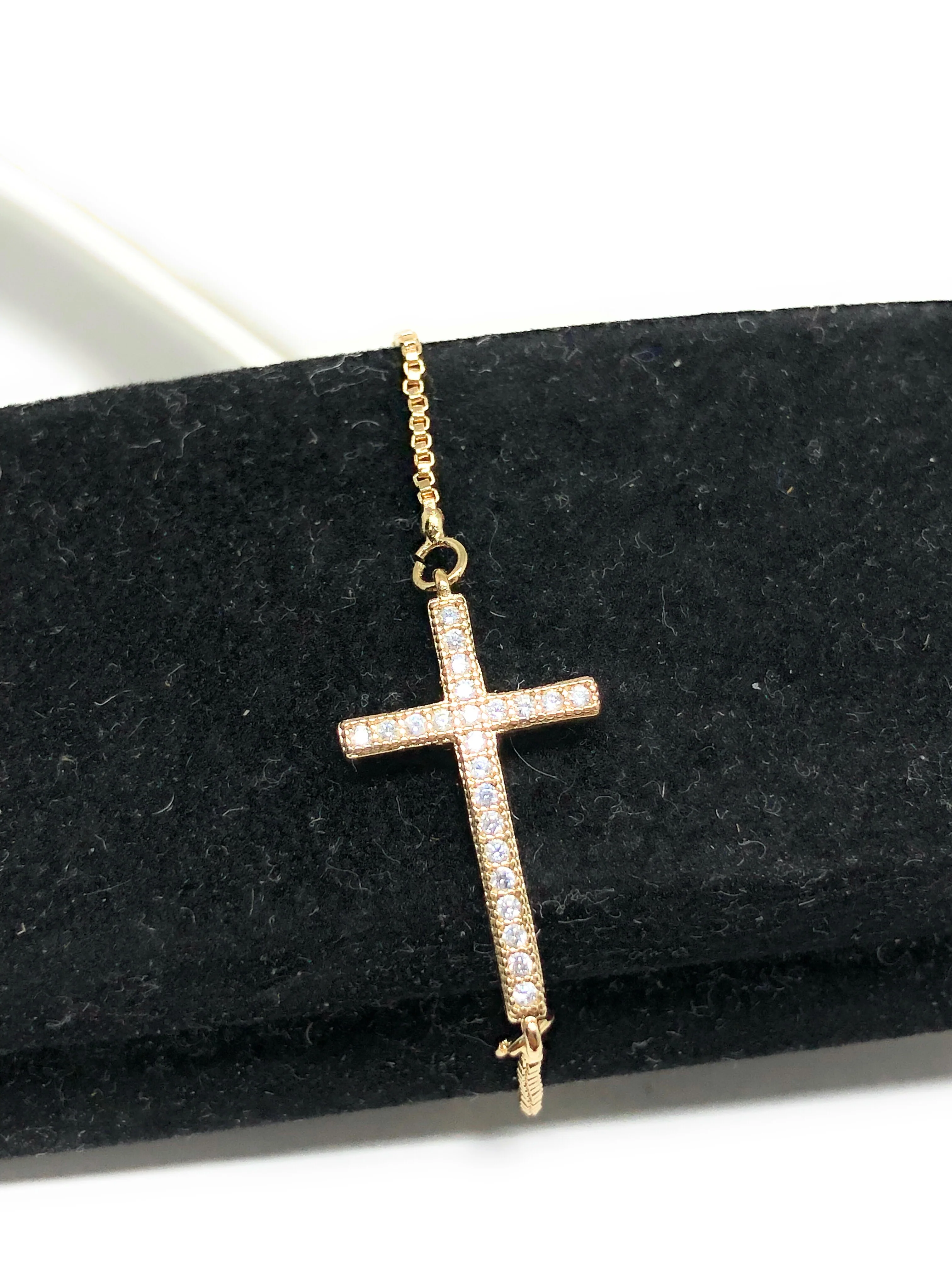 Women’s Gold Plated CZ Cross Adjustable Bracelet 8” Box Chain - Image 6